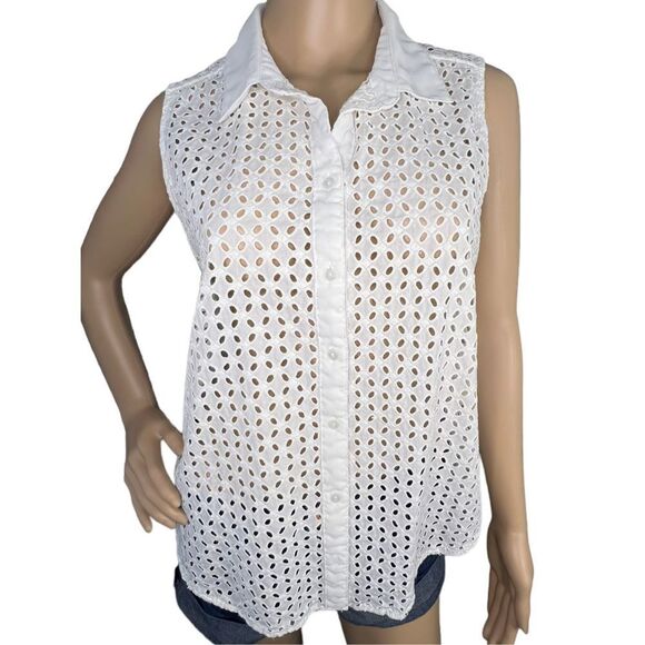 Liz Claiborne White Collared Sleeveless Lace and Mesh Button Up Blouse - Picture 1 of 3